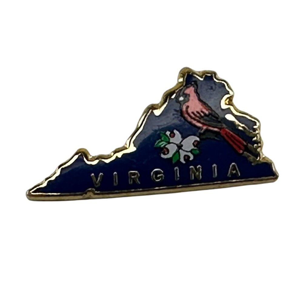 Virginia State Pin Map Flower Blue Metal Lapel Pin Pinback Cardinal Red Bird